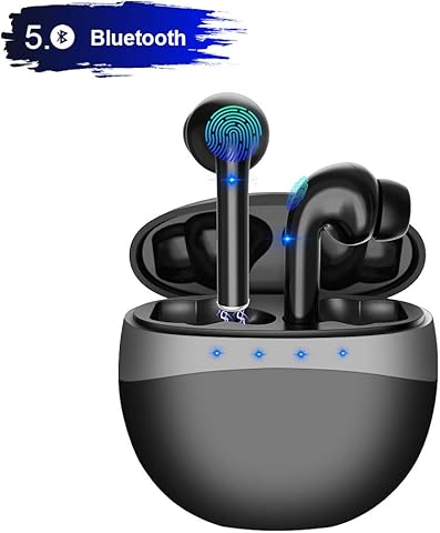 True Wireless Earbuds Bluetooth Stereo Earphones Touch Control Headphones with Charging Case Microphone Waterproof Headset Compatible with Android iOS iPhone Samsung (Black1)