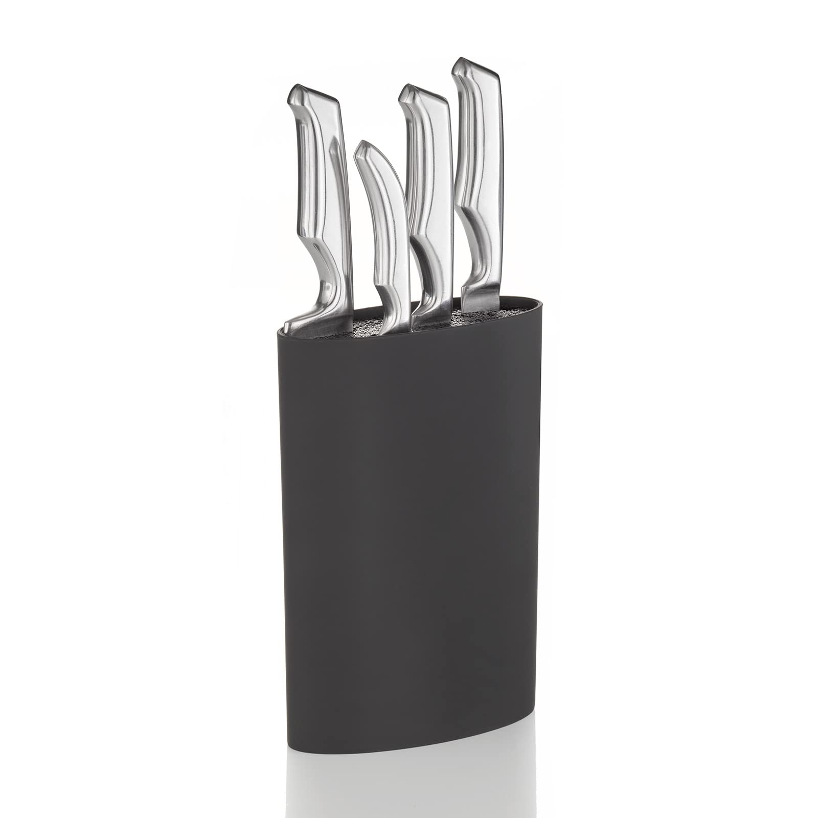 Buddy's Blades – Bloque para cuchillos, soporte para cuchillos, 23 cm de altura, negro, ovalado, plástico, inserto de cerdas de PET que cuidan la hoja, fácil de limpiar