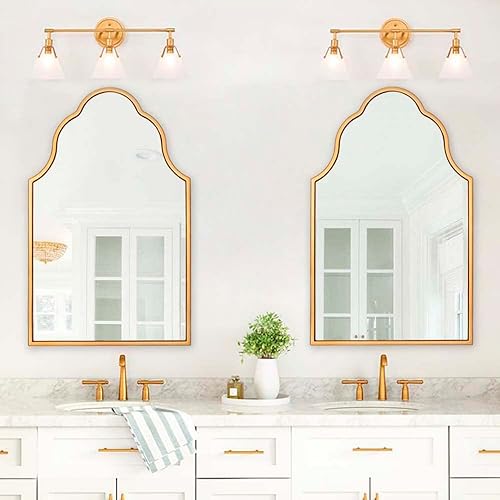 Miniatura 6 de Chende Espejo de baño dorado con marco de madera, espejo arqueado de 36 x 24 pulgadas para decoración de sala de estar, espejo festoneado moderno