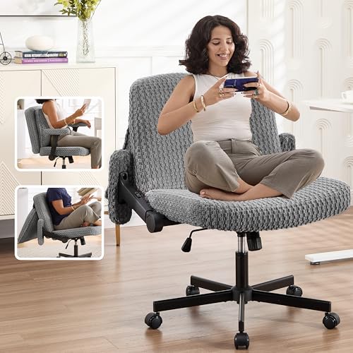 Fizzin Criss Cross Chair Cross Legged Office Chair with Wheels 27 Wide Seat Office Desk Chair with Flipable Back Cushion Mid Back Swivel Chair for Home Office Bedroom Vanity (Retro Grey)