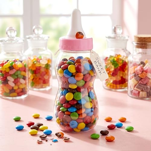 Image of Housoutil 11 Inch Baby Bottle Piggy Bank, Clear Large Plastic Baby Bottle Bank, Cute Transparent Coin Savings Box, Birthday Party Candy Jar Container for Boys Girls (Pink)