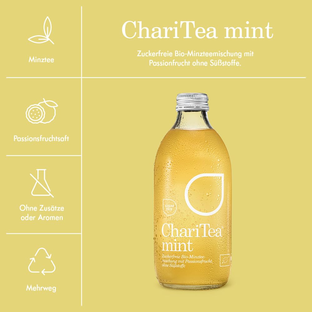 Charitea - Mint Sugarfree - Fairer Eistee mit besten Bio Zutaten - Leckeres Erfrischungsgetränk in Glas Flasche - Biologisch angebauter Tee (24 x 330ml)