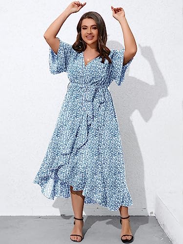 Image of SCOMCHIC Women Plus Size Maxi Dress Short Sleeve Wrap V Neck High Low Split Ruffle Long Dress
