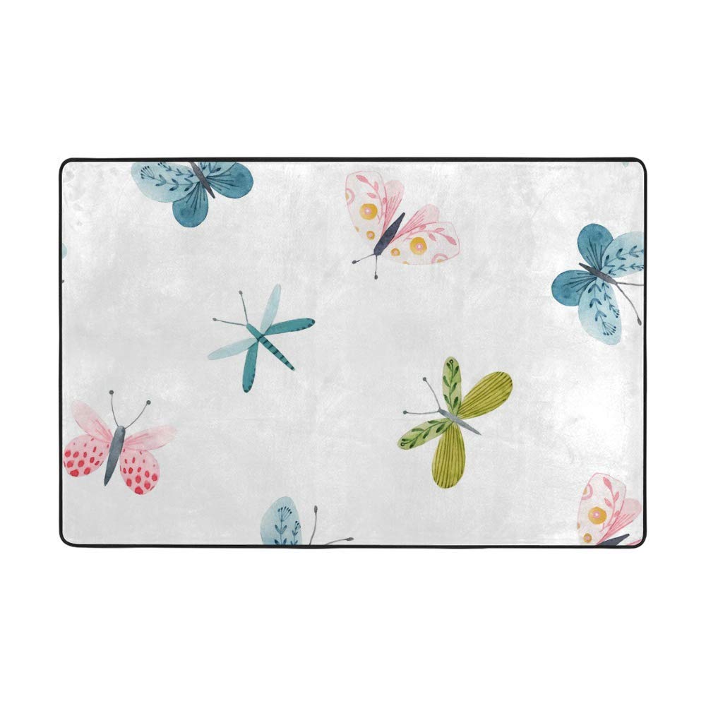 Tapis super doux aquarelle papillons bleu rose velours épais sans perte de poils pour salon