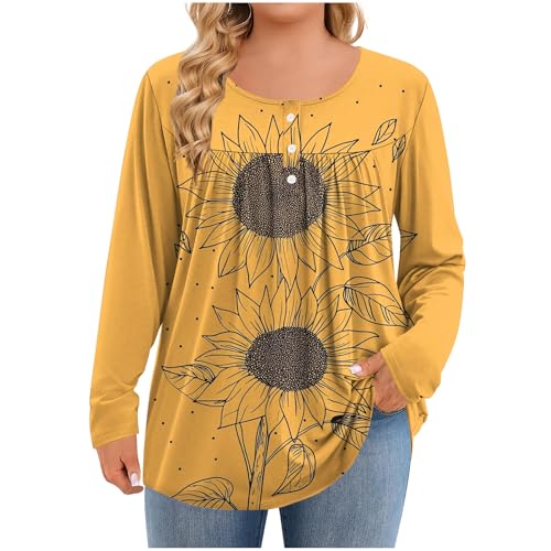 Plus Size Henley T-Shirt for Women, Fashion Print Quarter Button Collar Long Sleeve Shirts Loose Comfy Pleated Blouses Yellow
