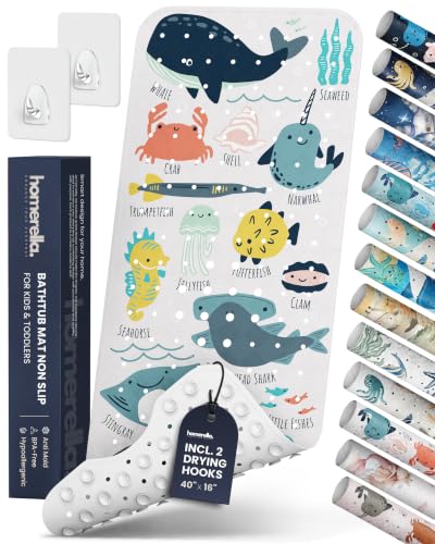 Bath Tub Mat Non Slip Anti Mold for Kids BPA Free INCL Hooks - homerella Ocean Sea Animals 40x16 Baby Bath Mat Non Slip 200 Suction Cups Non Toxic Machine Washable Toddler Bath Mat EU Certified