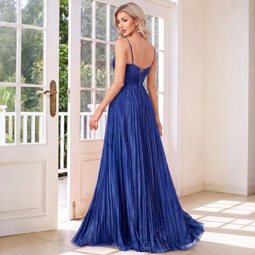 Image of Sexy Backless Maxi Formal Dress for Women with Sequin, Sleeveless Pleated Evening Gowns for Wedding and Cocktail
