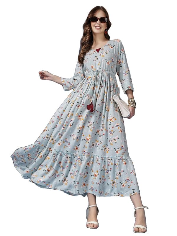 Image of Daevish Women's New Rayon Printed Tie-up Waist V Neck Flared Maxi Dress | Women Flared Dress