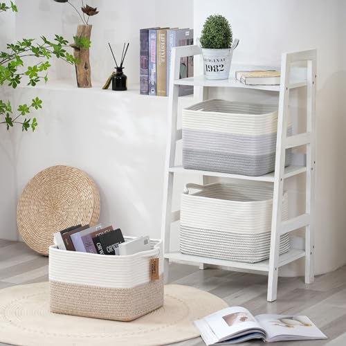 Image of COMFY-HOMI 3PACK Cotton Rope Square Basket with Handles for Shelves| Storage|Baby Basket for GIF|Shoe Basket for Organizing|New13.5 inch x 11 inch x 9.5 inch for Living Room