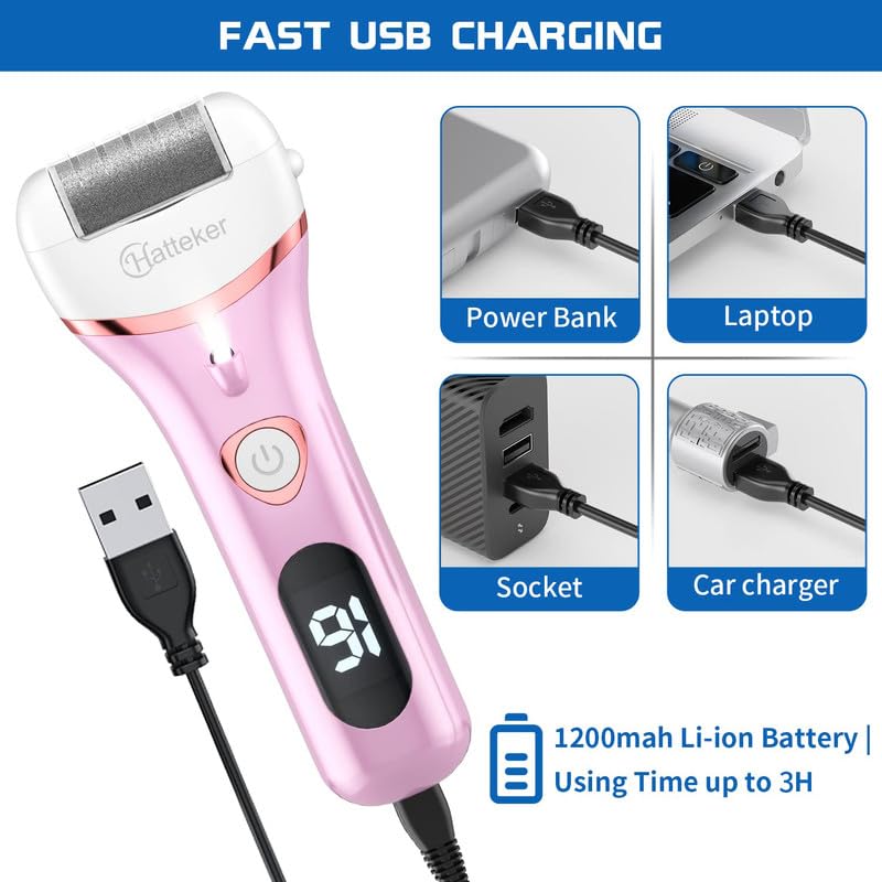 HATTEKER HT-555 Electric Callus Remover for Feet, Rechargeable Callus Remover Pedicure Tools 3 Roller Head & 2 Speed, Digital Display, Foot Care Pedicure Kit for Foot Dead Skin & Calluses, Pink 3 51wfBYBniQL