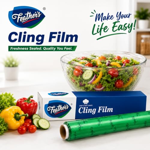 Image of Feather's Cling Film Food Wrap | Biodegradable | Multipurpose Food Wrapper | Eco-Friendly | Food Grade Quality for Sandwich, Fruit, Rolls, Lunch | Non-Stick | Microwave Safe (Pack of 2, 30m Each)