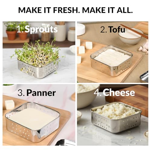 Image of Nestasia Large Stainless Steel Paneer Maker (550 ml) - Square Paneer Maker Mould Press with Lid | Rust Resistant Medium Paneer Strainer - Perfect for Fresh Paneer, Tofu & Sprouts