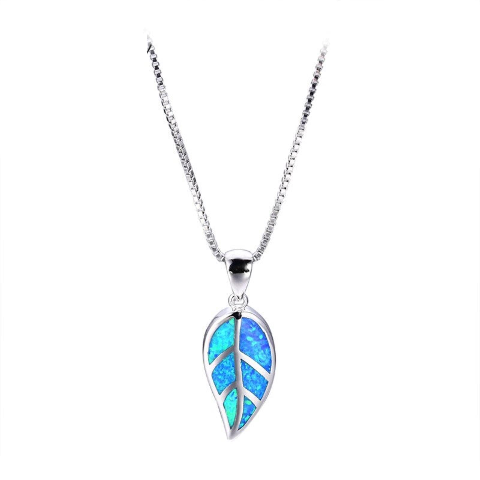 DAOMEI Leaf Shape Blue Fire Opal Pendant Necklace Silver Color Bridal Wedding Choker Lover Gifts