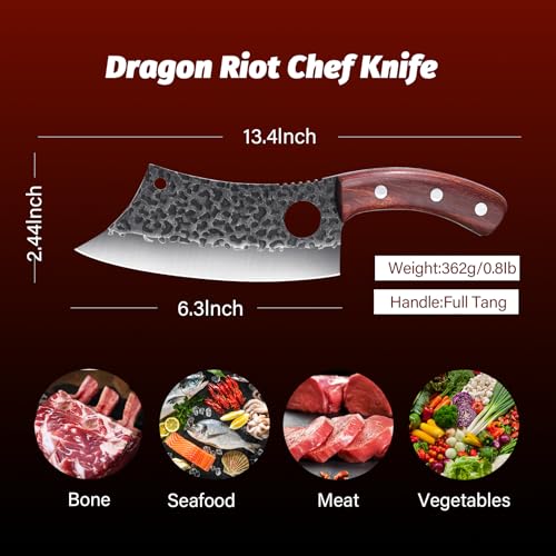 DRAGON RIOT Hackmesser Japanisch, Wikinger Messer mit Holzgriff, Fleischermesser Profi Hackbeil für Knochen, Küchenmesser scharf Metzgermesser, Full Tang Outdoor Messer Fleischerbeil fur Küche Grill