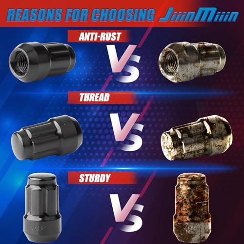 Image of JiiinMiiin M10x1.25 ATV Lug Nuts - 16pcs Closed End 6 Spline 10x1.25 Wheel Nuts Cone /Acorn Seat with Socket Key, Black