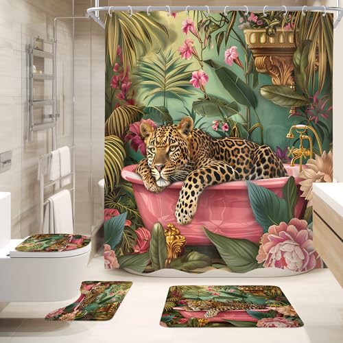 Cinbloo 4Pcs Leopard Shower Curtain Set Vintage Cheetah in Bathtub Bathroom Curtain with Rug Toilet Lid Cover Bath Mat Hot Pink Jungle Animal Plant Tropical Leaves Shower Curtain with 12 Hooks