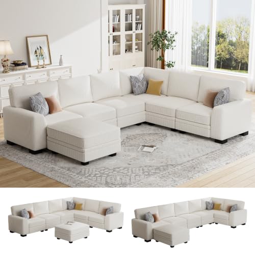 Legend Vansen Oversized Modular Sectional Sofa,U/L‑Shaped Reversible Couch with Ottoman,Deep Seat Corduroy Sofa for Living Room,7‑Seater,Cream