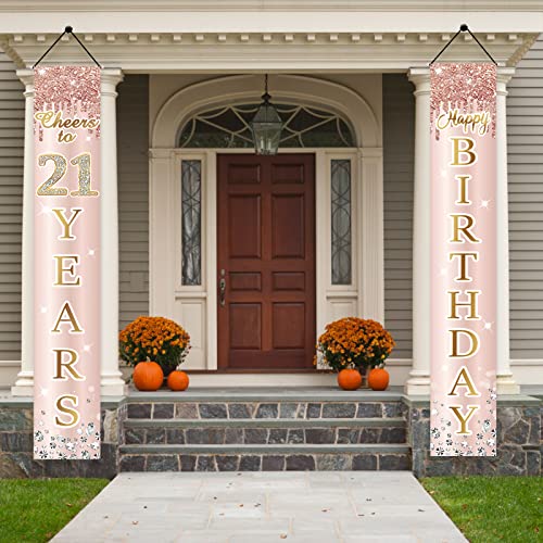 Image of 21st Birthday Door Banner Decorations for Her, Pink Rose Gold Happy 21 Birthday Door Porch Backdrop Party Supplies, Happy Birthday Cheers to 21 Years Sign Decor