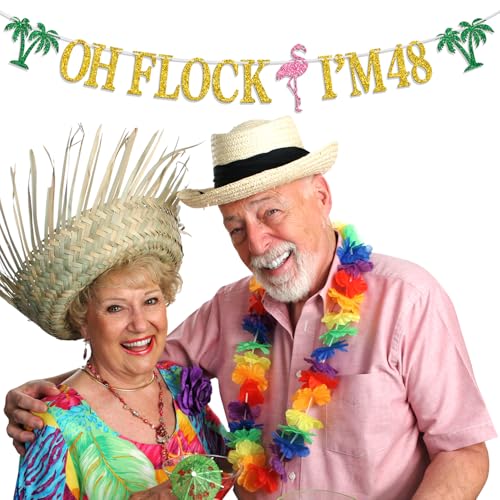 Image of Oh Flock I'm 48 Banner, Glitter Happy 48th Birthday Anniversary Party Decorations, Pineapple Party Decor, Hawaiian Luau Tropical Aloha 48 Theme Celebration Photo Props