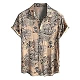 Camisa hawaiana para hombre, casual, manga corta, algodón, estampado floral, para vacaciones, playa, blusa ligera de verano, caqui, M
