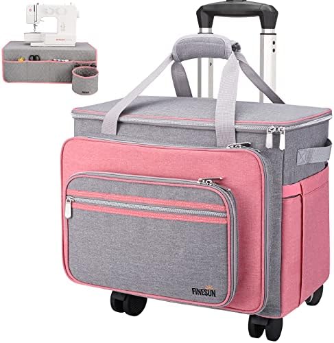 FINESUN Sewing Machine Case with Wheels and Pad, Grey& Pink - Foldable Deluxe Rolling Sewing Machine Carrying Bag for Brother, Singer, Bernina and Most Machines