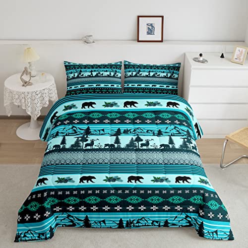 Teal Jungle Comforter Set Elk Deer Bedding Set,Wild Bear Duvet Insert Ethnic Tribe Arrow Aztec Quilt Queen,Bohemian Exotic Nordic Style African Tribal Geometry Farmhouse Wildlife Room Decor