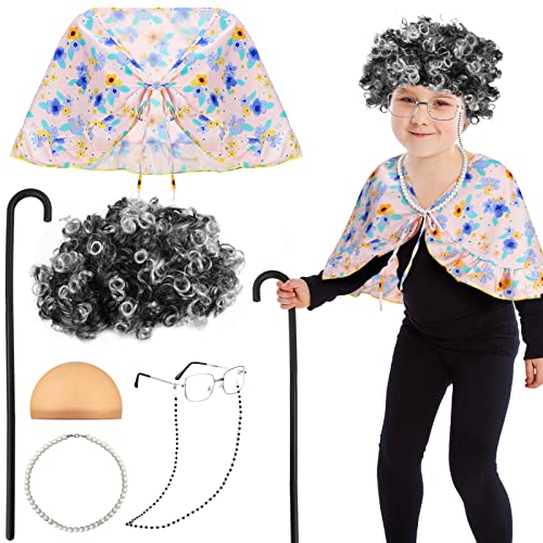 Berlune 7Pcs Old Lady Costume Old Grandma Costume For Kids Women Print Shawl Granny Wig Foldable Crutch Pearl Necklace(White And Black, White, Curly Style) #TOP4