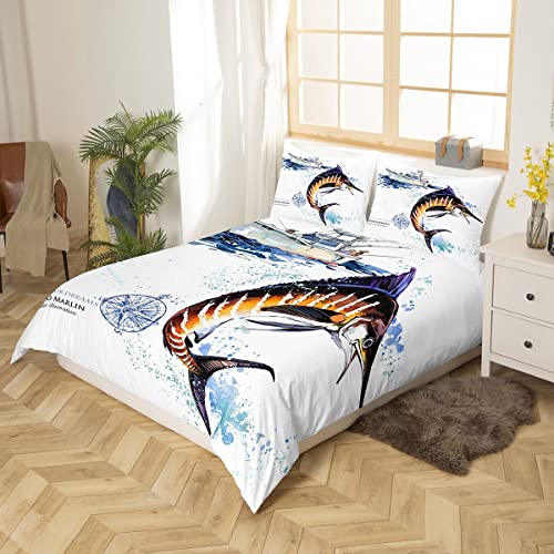 Marlin Swordfish Comforter Cover Tie Dye Duvet Cover Sets Hunting And Fishing Bedding Set For Kids Boys Girls Sea Fishing Boat Marine Life Nautical Quilt Cover With 2 Pillow Cases Queen Size Blue #TOP4