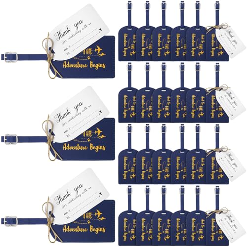 Sweetude 48 Sets Bulk Luggage Tags Wedding Favors and So The Adventure Begins Leather Luggage Tags for Suitcases with Name Card for Travel Themed Bridal Shower Graduation Party Favor(Blue)