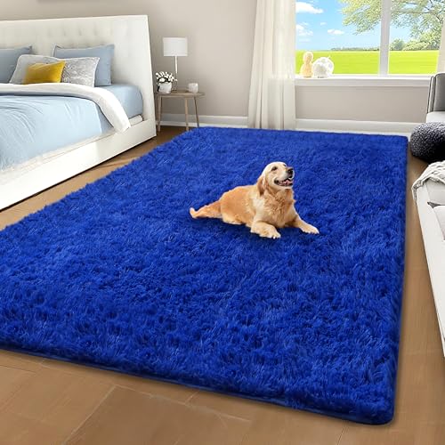 Cerulume Blue Shag Area Rug for Bedroom, 4x6...
