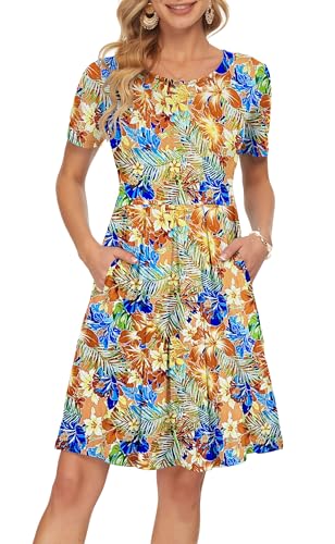 Image of AUSELILY Women's Short Sleeve Pleated Swing Summer Dress with Pockets | Knee-length short sleeve dress, empire waist & pockets, ideal for casual daily wear and vacation