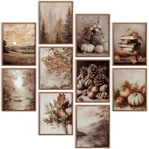 Benjia 10Pcs 8x10 inch Fall Wall Art Prints, Retro Rustic Aesthetic Vintage Autumn Scenery Posters for Living Room Bedroom Fall Thanksgiving Decorations (Unframed, Style 02)