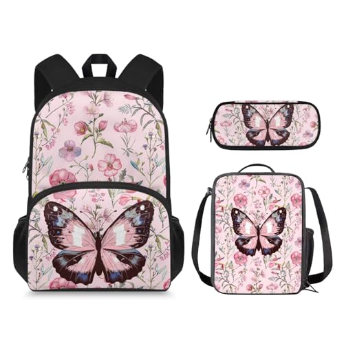Ystardream Flower Butterfly Backpack With Lunch Box Bookbags for 6Th Grade Girls 15 Inch School Bag 3-in-1 Bookbag Set for Teen Girls Boys Schoolbag Elementary Preschool Bookbag with Pencil Case