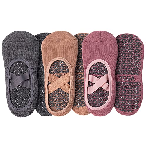 QIUNEEY Yoga short socks Pilates yoga socks Sport Anti-slip socks Women sports gym socks Indoor Yoga Sock (Grey+Khaki+Dark pink)