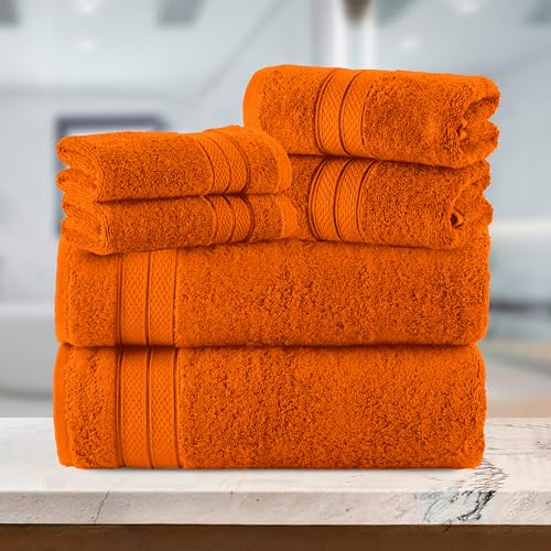 Image of Elegant Comfort Luxury 6-Piece Towel Set, Premium Soft 100% Turkish Cotton, Three Line Popcorn Design 2 Bath Towels, 2 Hand Towels and 2 Washcloths Towel Set-Quick-Drying and Absorbent, Vibrant Orange
