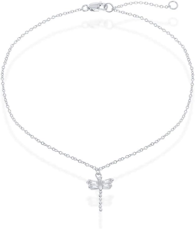 Beaux Bijoux 925 Sterling Silver Baguette Cubic Zirconia Dangling Small Dragonfly 9 + 1" Charm Anklet