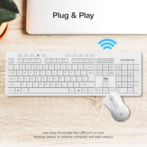 Image of TAG KBWM1000 White Wireless Keyboard & Mouse Combo Kit with USB 2.4Ghz Nano Receiver, Linear Chiclet Keys, Upto 10M Clicks, Full 104 Keys & 10 Multimia Keys, 6 Buttons Mouse, for Windows /Mac /Linux