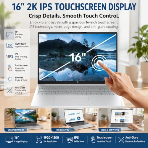 Image of HP OmniBook 16 inch 2K WUXGA Touchscreen Laptop, 16GB LPDDR5 RAM, 512GB PCIe SSD, AMD Ryzen 5 Processor, IPS Anti-Glare Display, 1080P FHD HDR Camera, Wi-Fi 6, Windows 11, Business & Home Office Laptop
