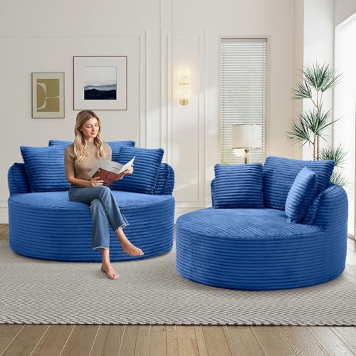 Image of Antetek 53.5-inch Round Chair, Modern Accent Corduroy Comfy Deep Seat Boneless Foam Floor Single Circle Chaise Sofa Chair with 3 Pillows for Living Room Bedroom Office, No Assembly Required, Blue