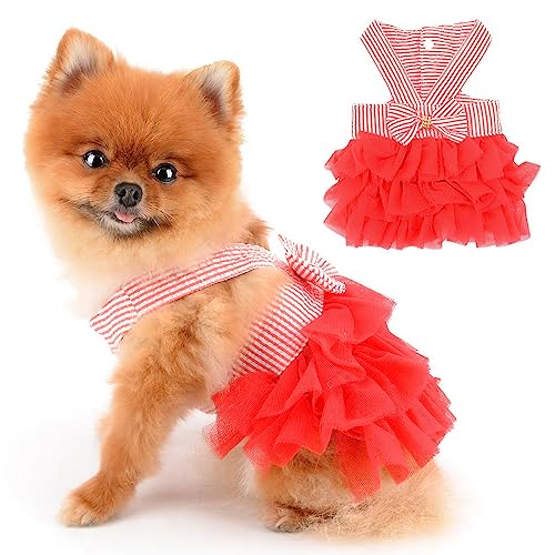 PAIDEFUL Small Dog Dress Striped Denim Organza Bow Beads Tutu Skirt Summer Soft Comfortable Breathable Puppy Clothes Sleeveless Button Cats Costume Birthday Party, Red, XXL