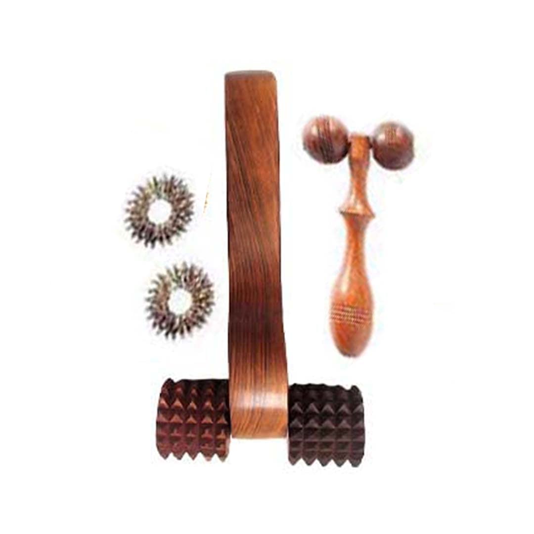 Silistar Wooden massager acupressure spine back massager (size 10 inch) + face massager, neck massager (size 6 inch) with Sujata finger ring FREE