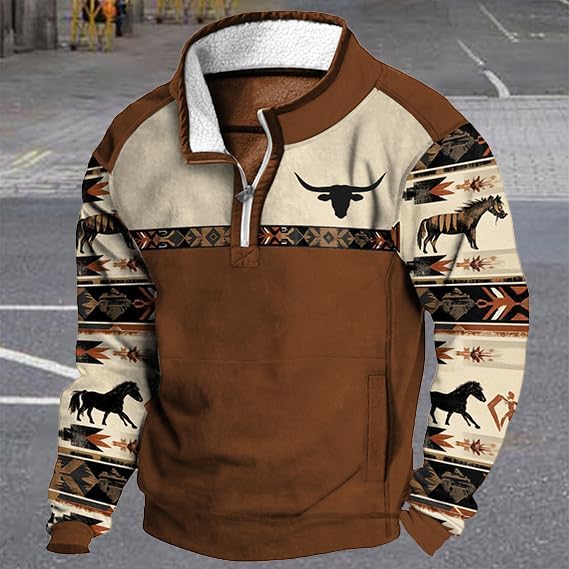 Western Sweatshirt for Aztec Cowboy Quarter Zip Pullover Hoodie Ethnic Vintage Long Sleeve Fall Winter Tops - Image 2