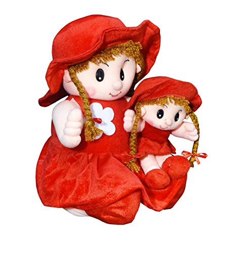 Image of Yellow Plush Doll Set, Stuffed Toy Dolls with Braided Hair and Sun Hats, Mother Daughter Matching Outfit, Girls Gift (Purple,Red,Pink and Yellow) (Red)
