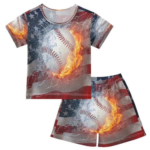 HMZXZ Conjunto de pijama corto para niños, diseño de bandera americana, béisbol, niña, niño, conjunto de pijama de algodón, verano, conjunto de ropa de dormir con bandera de ciervo, multicolor, 6 años