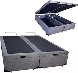 Cama Báu Box Base King Size Bipartido Suede Cinza, RC. 203x193 com Pistão a Gás.