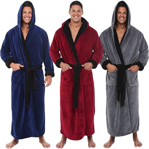 Cambkatl Men's Fleece Robe Big and Tall with Hood, Color Block Full Length Plush Bathrobe Nightgown with Pockets2