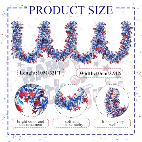 Image of 33FT 4th of July Patriotic Tinsel Garland Red White Blue Metallic Twist Foil Tinsel Garland with Star Shiny Hanging Decorations for Independence Day Memorial Day Celebration Party Decoration
