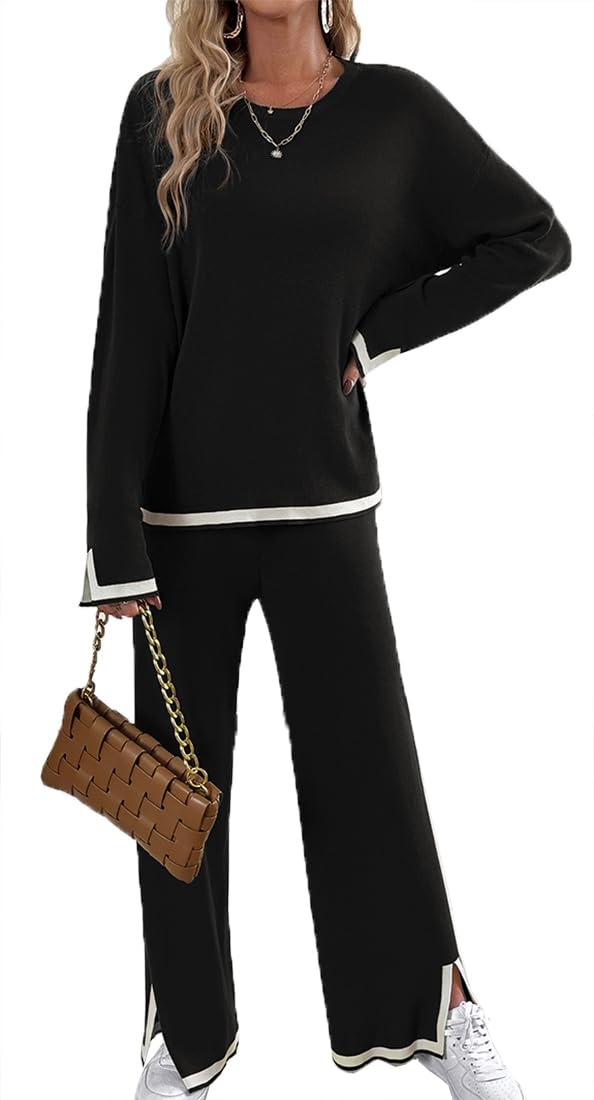 OLIPHEE Mujer Conjunto de Punto 2 Piezas Mangas Largas Conjunto Mujer Chic y Elegante Jersey Mujer + Pantalón de Pierna Ancha Chándal Mujer Ropa Deportiva Mujer Casual Holgado Moda