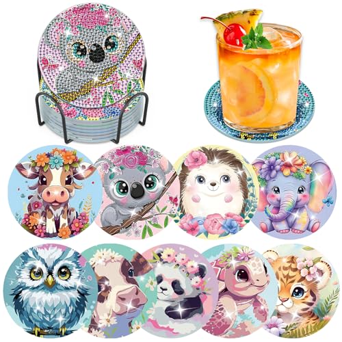Lxmsja 9pcs Diamond Painting Coasters with Holder, Diamond Art for Adults Kids Beginners DIY Funny Drinks with Cork Craft Kits