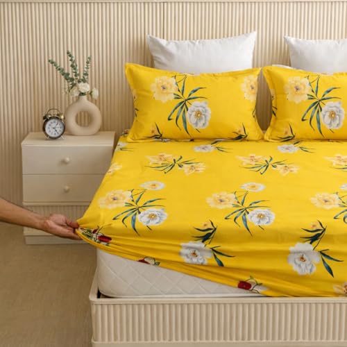 Image of 320 TC Cotton Feel Glace Cotton Printed Elastic Fitted King Size Double Bed Bedsheet with 2 Pillow Covers | Fitted Bedsheets King Size 78 x 60 x 8 (Yellow Floral)